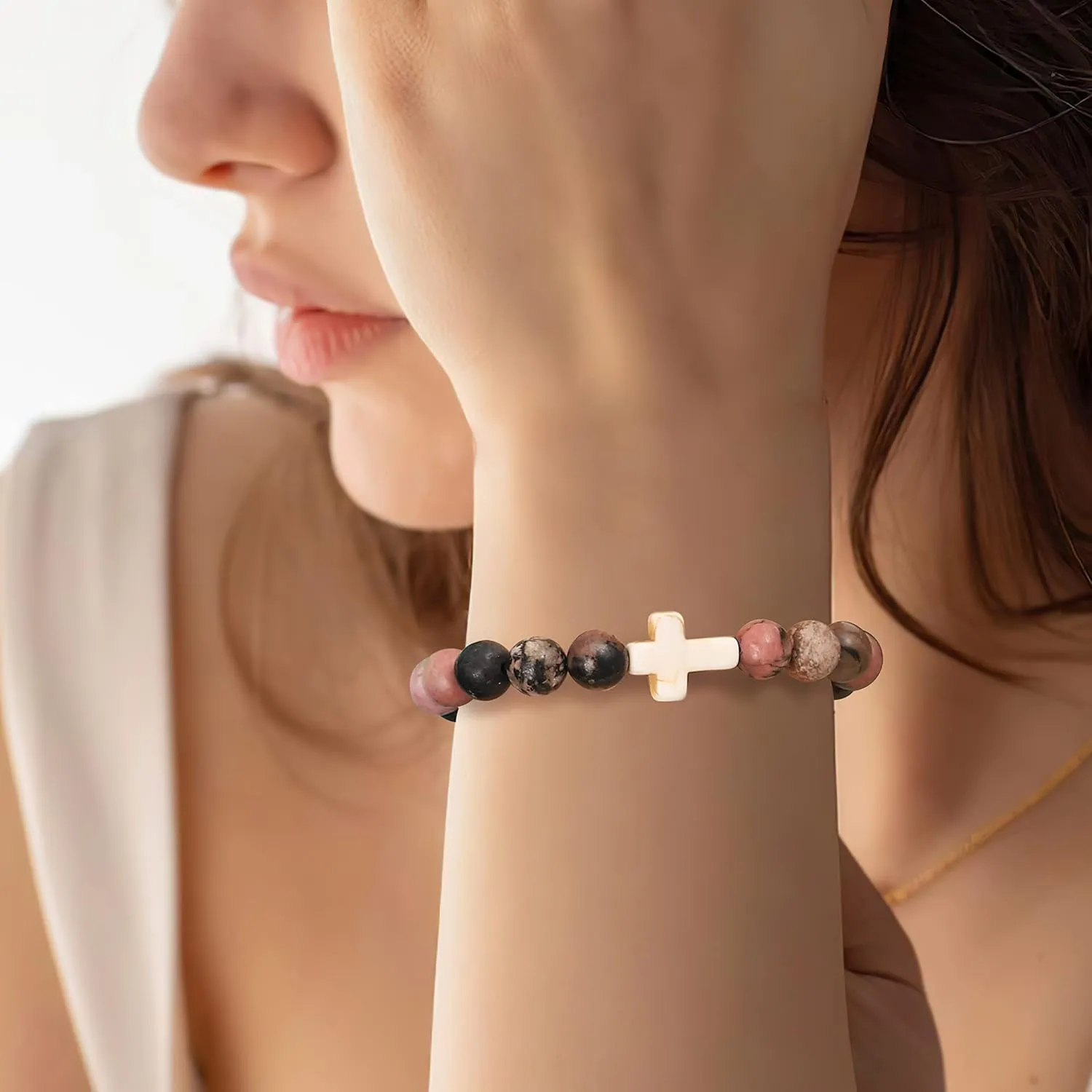 JoycuFF Christian Bracelets for Women Cross Bracelets for Religious Women Easter Catholic Natural Stone Bracelets Christian Jewelry Faith Communion Baptism Gifts