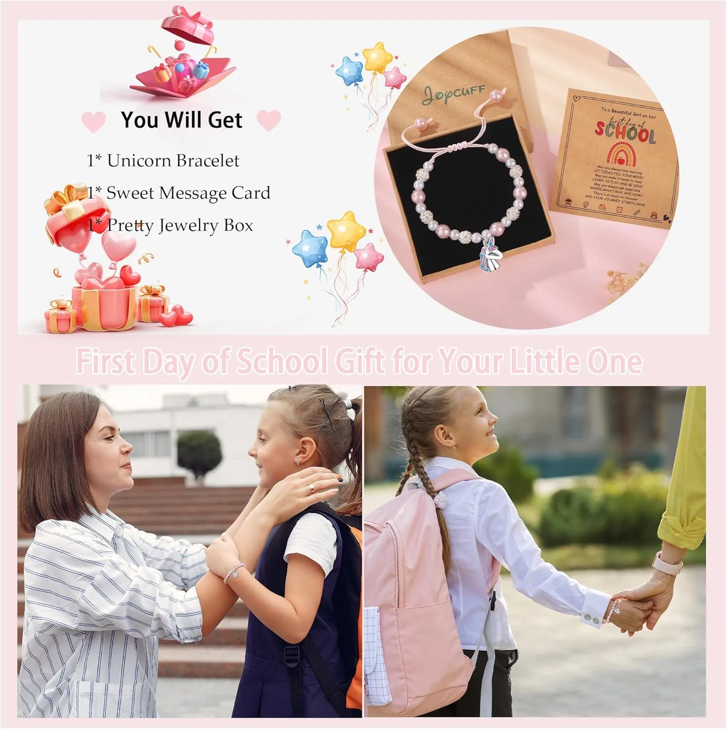 JoycuFF Gifts for Her Bracelets for Her Daughter Gifts Pink Heart Unicorn Bracelets Beaded Bracelets for Women