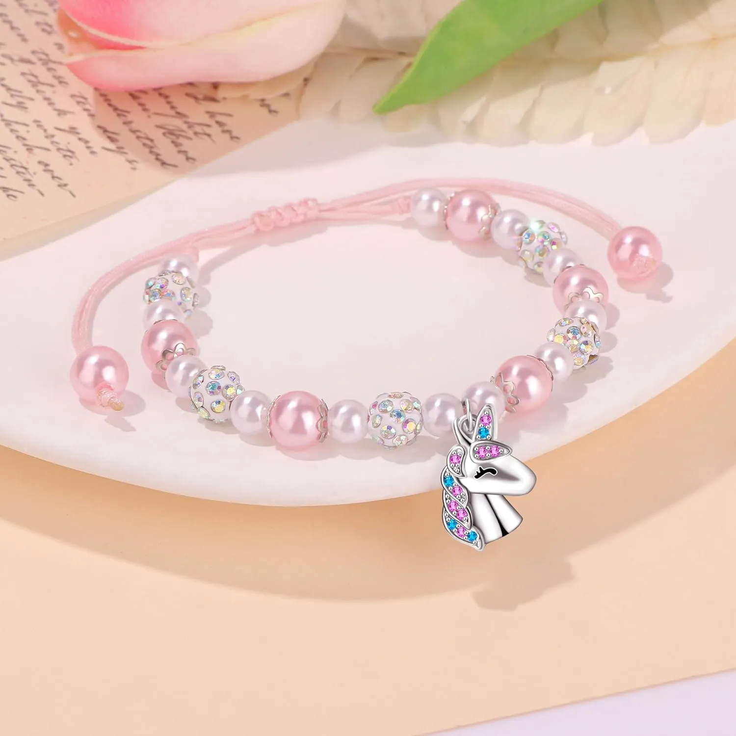 JoycuFF Gifts for Her Bracelets for Her Daughter Gifts Pink Heart Unicorn Bracelets Beaded Bracelets for Women