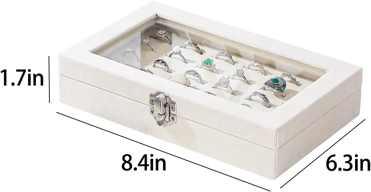 Julysky Rings Organizer Tray, Velvet Jewelry Ring Storage Box with Transparent lid Jewelry Ring Box,Jewelry Display Case (Beige, 30 Slots)
