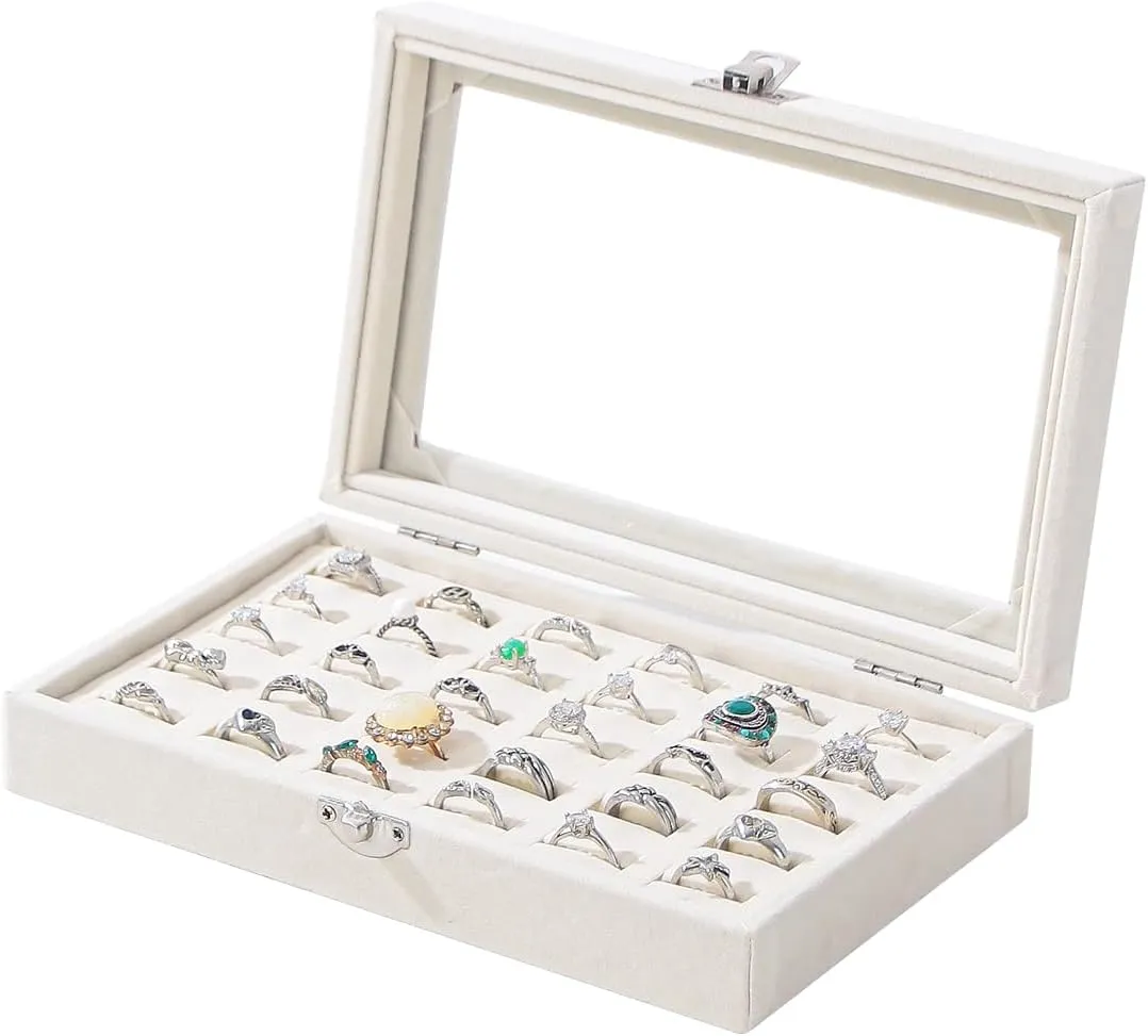 Julysky Rings Organizer Tray, Velvet Jewelry Ring Storage Box with Transparent lid Jewelry Ring Box,Jewelry Display Case (Beige, 30 Slots)