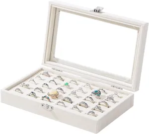 Julysky Rings Organizer Tray, Velvet Jewelry Ring Storage Box with Transparent lid Jewelry Ring Box,Jewelry Display Case (Beige, 30 Slots)