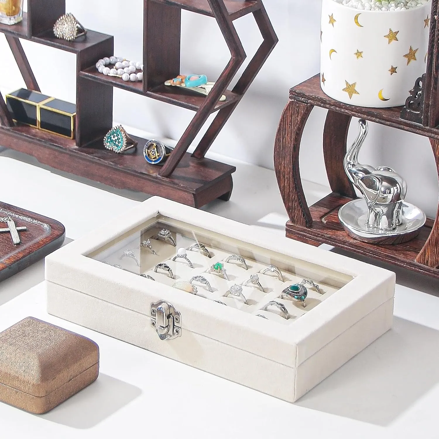 Julysky Rings Organizer Tray, Velvet Jewelry Ring Storage Box with Transparent lid Jewelry Ring Box,Jewelry Display Case (Beige, 30 Slots)