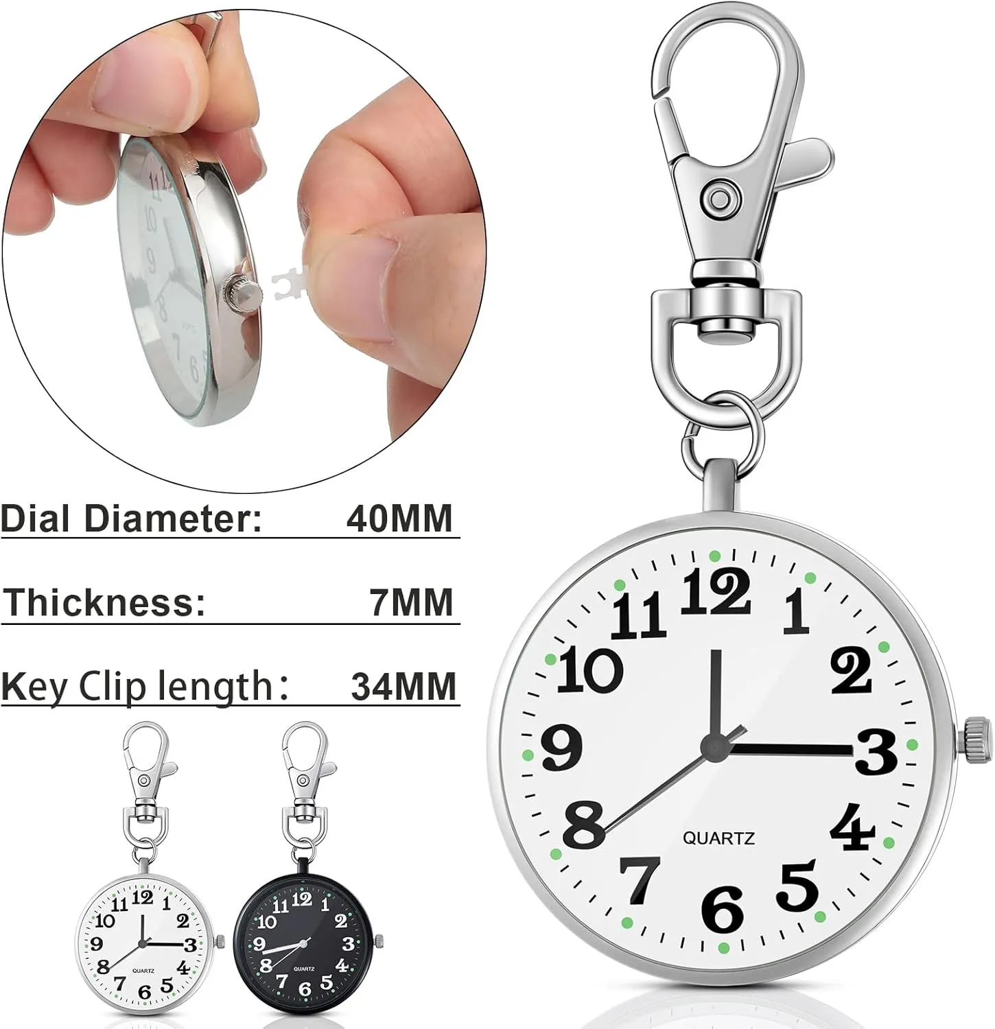 Junkin 2 Pieces Quartz Pocket Watch with Key Buckle Round Keychain Clip on Watch Portable Unisex
