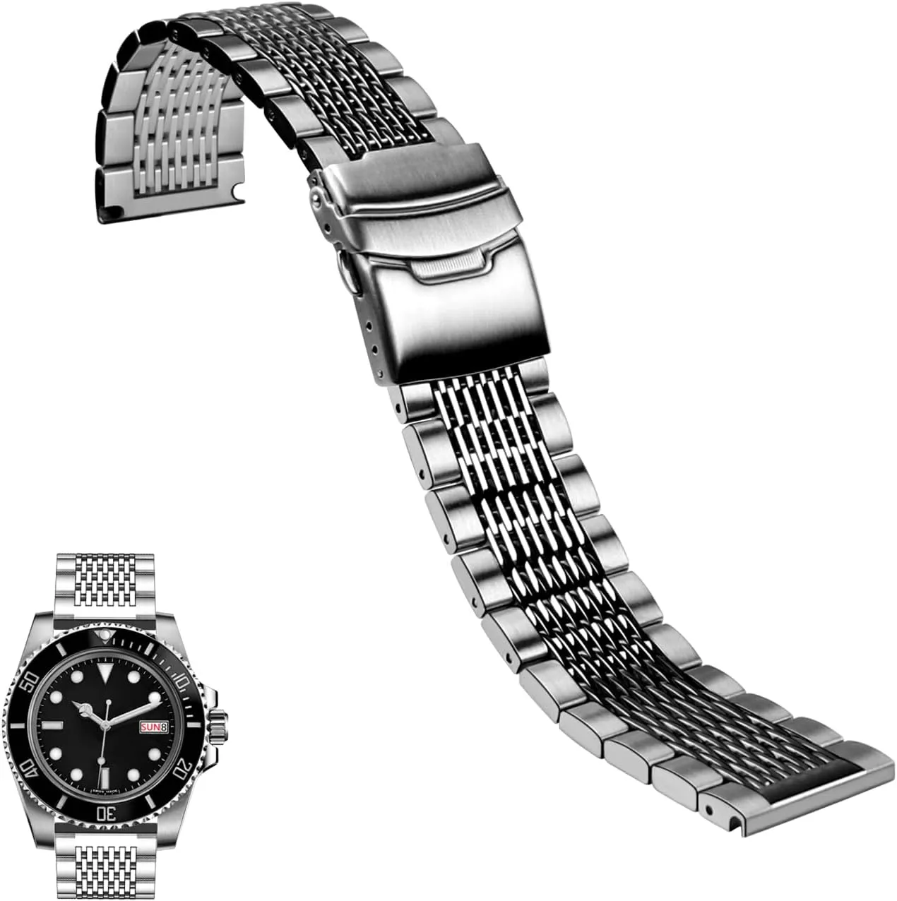 Juntan Stainless Steel Watch Band, 18mm 20mm 22mm 24mm Metal Watch Bands Straps for Men Women, Adjustable Business Watch Bracelet Silver Black with Solid Double Deployment Clasp