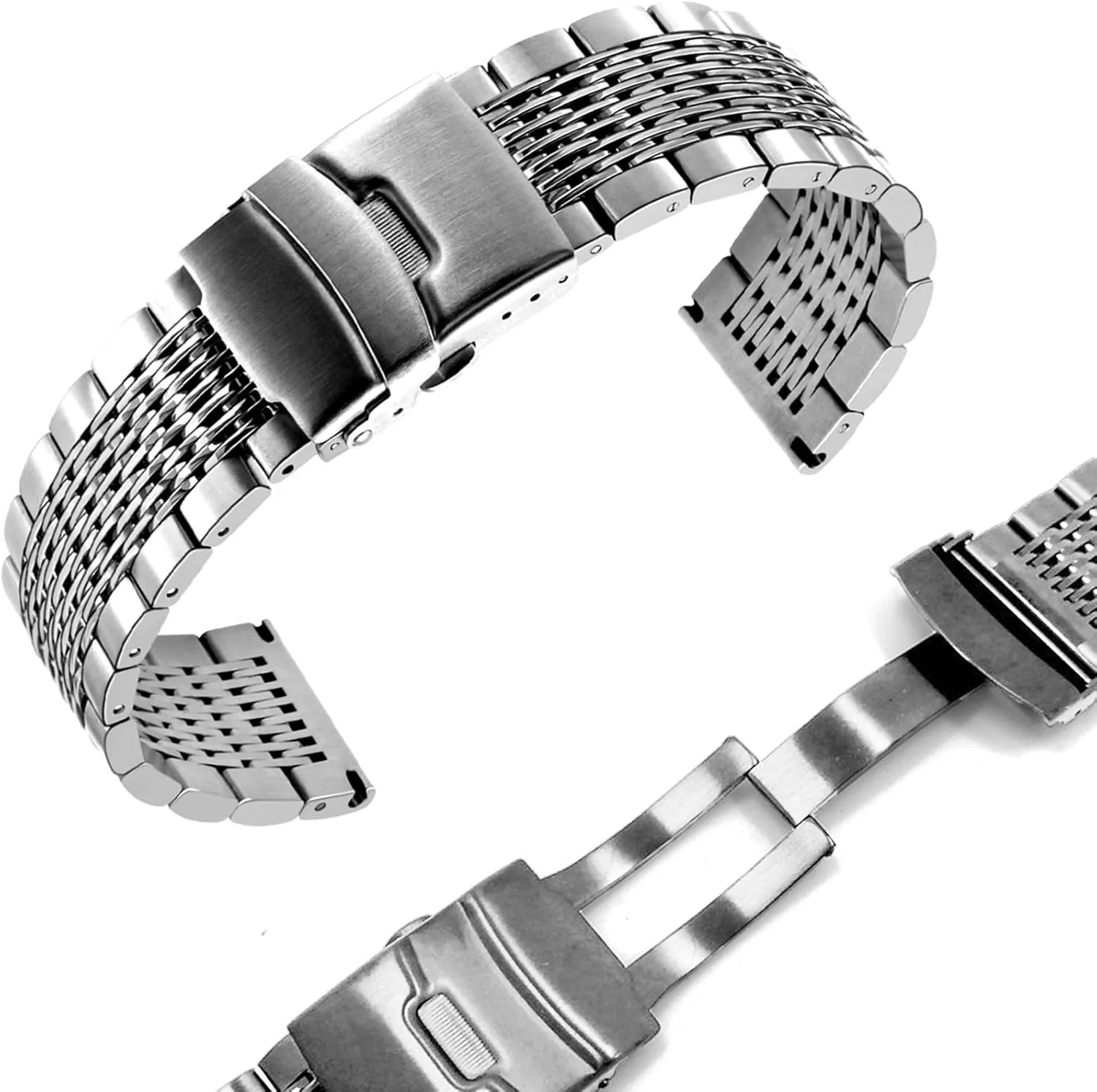 Juntan Stainless Steel Watch Band, 18mm 20mm 22mm 24mm Metal Watch Bands Straps for Men Women, Adjustable Business Watch Bracelet Silver Black with Solid Double Deployment Clasp