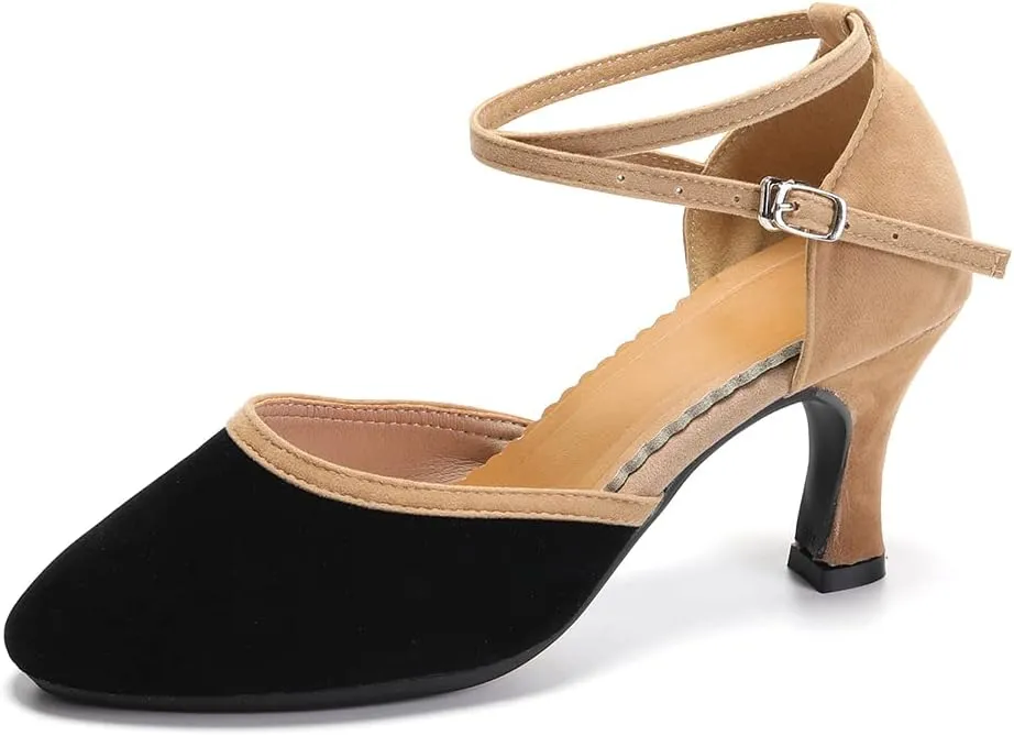 JUODVMP Women's Ballroom Dance Shoes Closed Toe Satin Modern Latin Dance Shoes Crisscross Belt Women Model DY212
