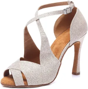 JUODVMP Women's Glitter Crossing Strap Ballroom Dance Shoes Latin Dance Shoes,Model L420