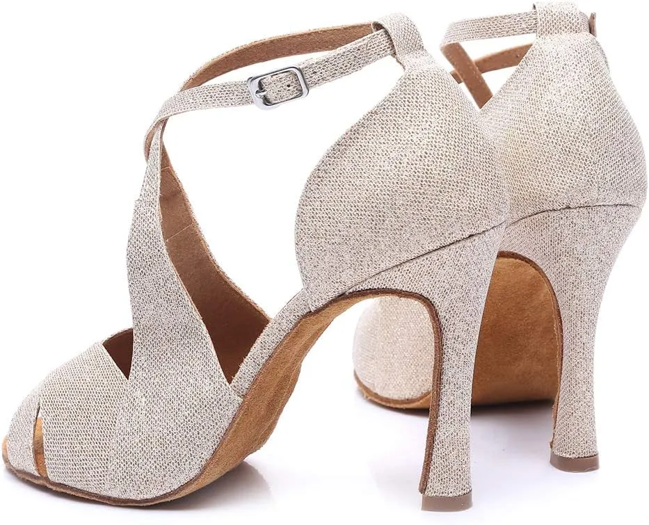 JUODVMP Women's Glitter Crossing Strap Ballroom Dance Shoes Latin Dance Shoes,Model L420