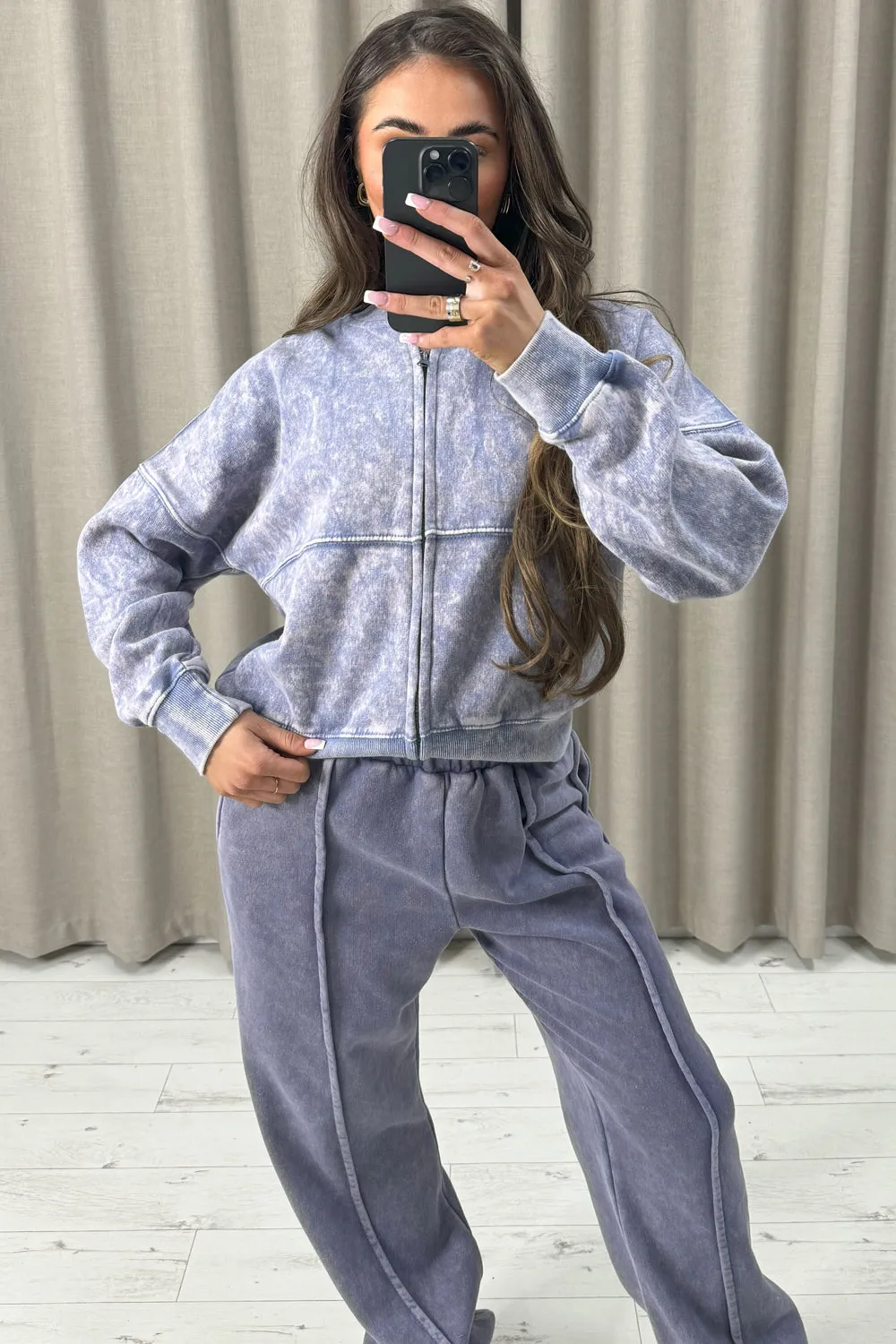 Kadee Blue Acid Wash Seam Front Zip Up Bomber Jacket and Joggers Tracksuit Set