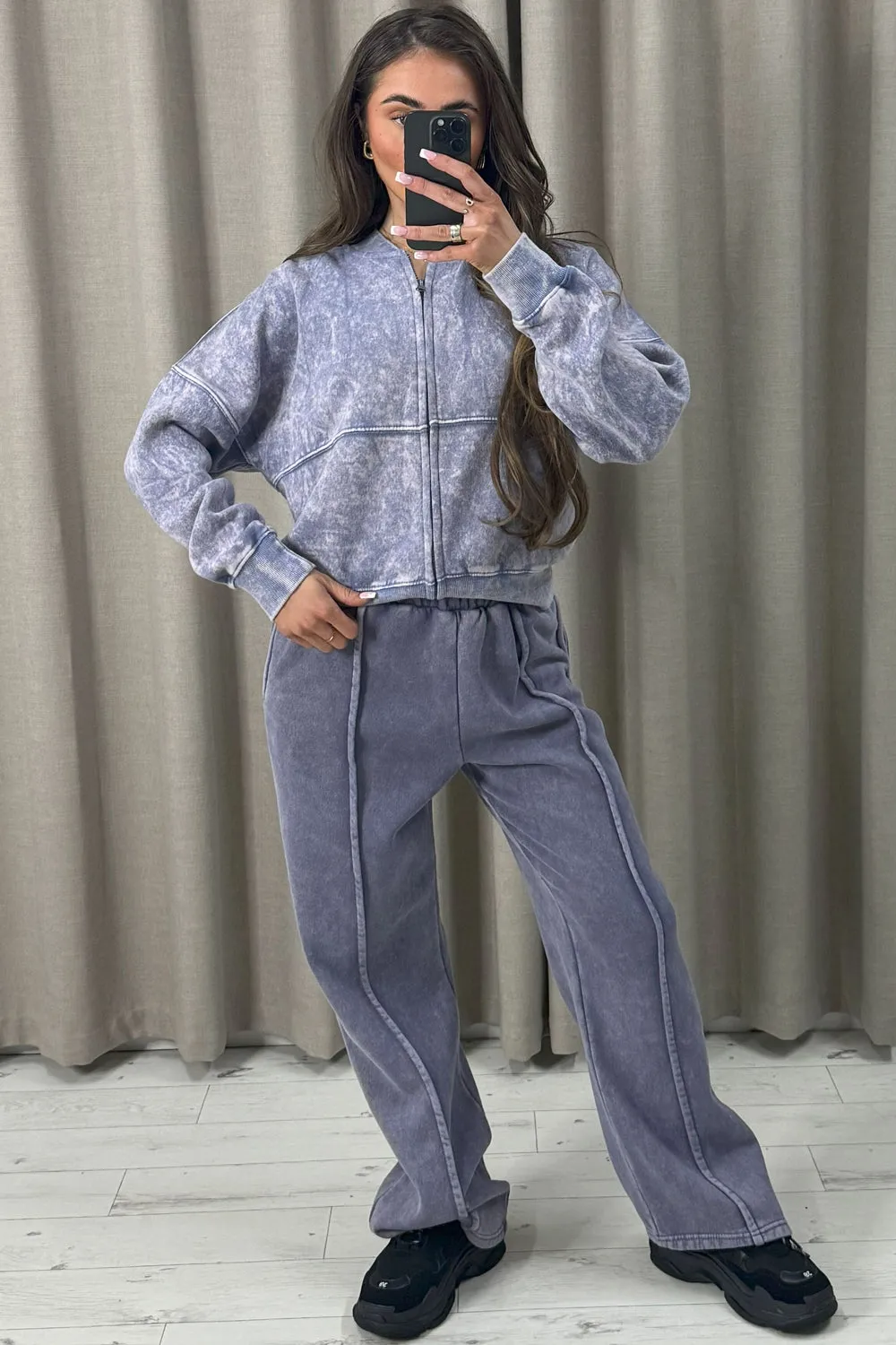 Kadee Blue Acid Wash Seam Front Zip Up Bomber Jacket and Joggers Tracksuit Set