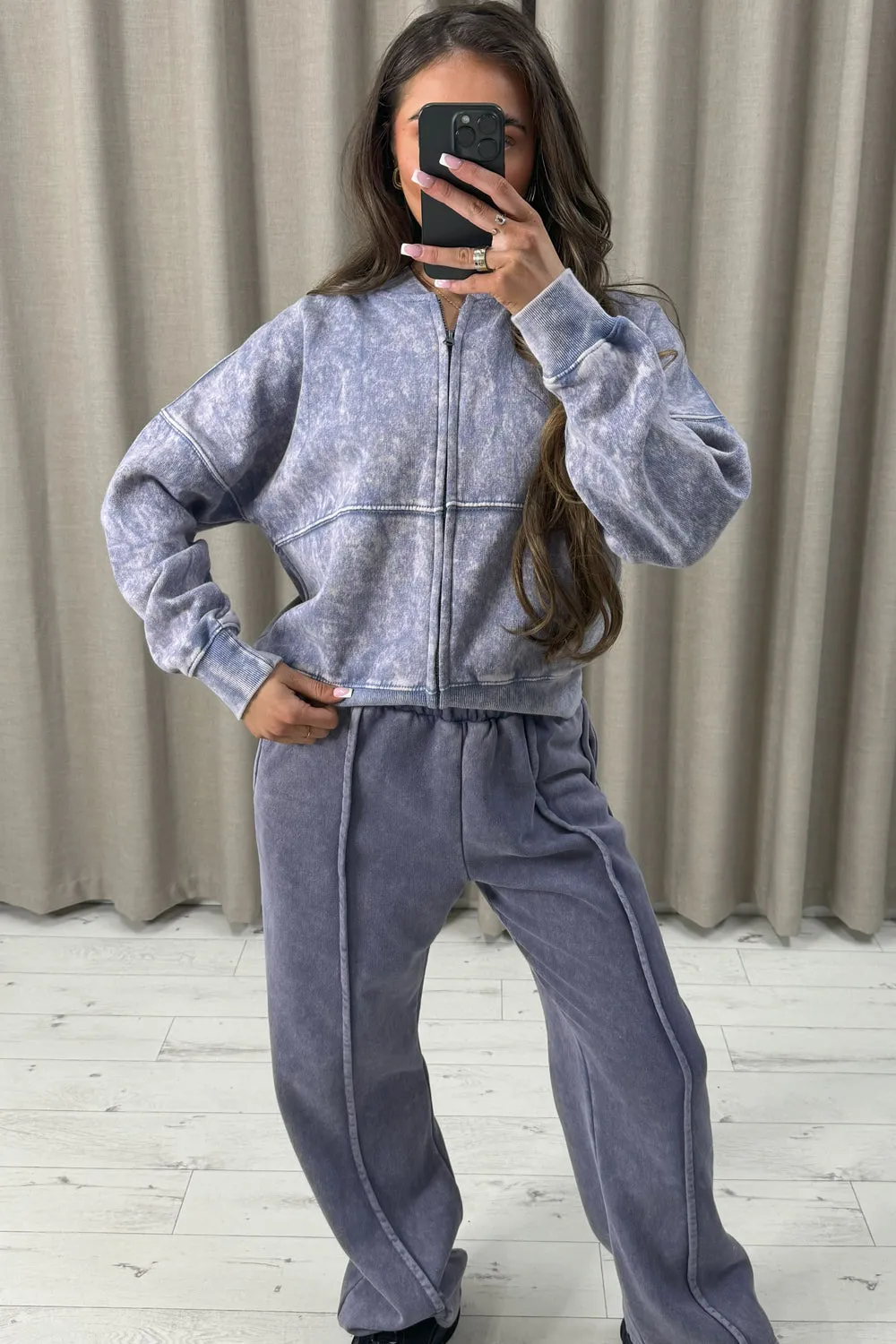 Kadee Blue Acid Wash Seam Front Zip Up Bomber Jacket and Joggers Tracksuit Set