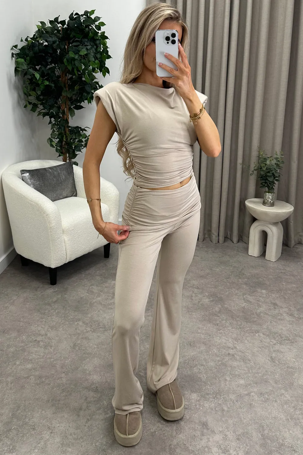 Kailin Beige Ruched Top and Fold Over Wide Leg Trousers Co-Ord Set