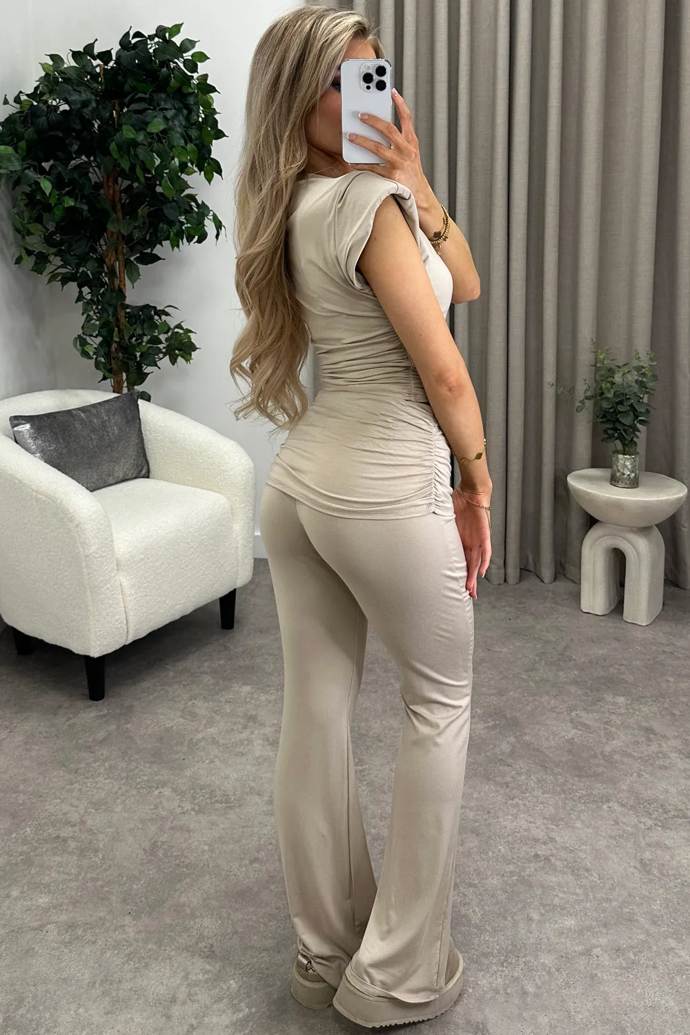 Kailin Beige Ruched Top and Fold Over Wide Leg Trousers Co-Ord Set