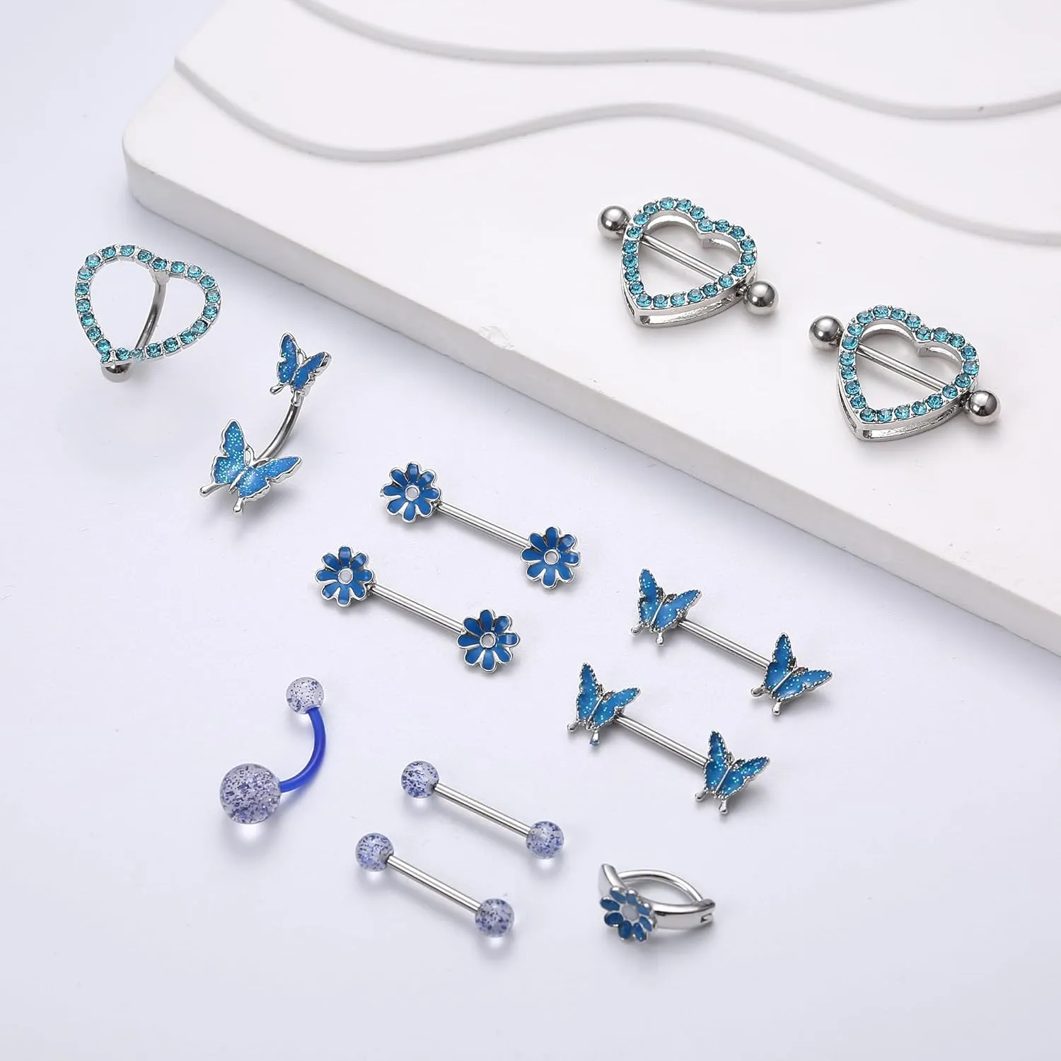 Kakonia 12 Pcs 14G Nipple Piercing Jewelry - Surgical Steel Nipple Rings Belly Rings for Women,Dainty Butterfly Belly Button Ring Heart Nipple Piercing Jewelry Set Cute Flower CZ Nipple Ring Barbells Body Piercing Jewelry