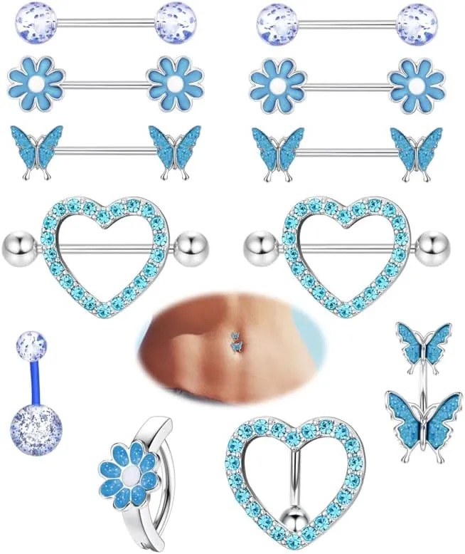 Kakonia 12 Pcs 14G Nipple Piercing Jewelry - Surgical Steel Nipple Rings Belly Rings for Women,Dainty Butterfly Belly Button Ring Heart Nipple Piercing Jewelry Set Cute Flower CZ Nipple Ring Barbells Body Piercing Jewelry