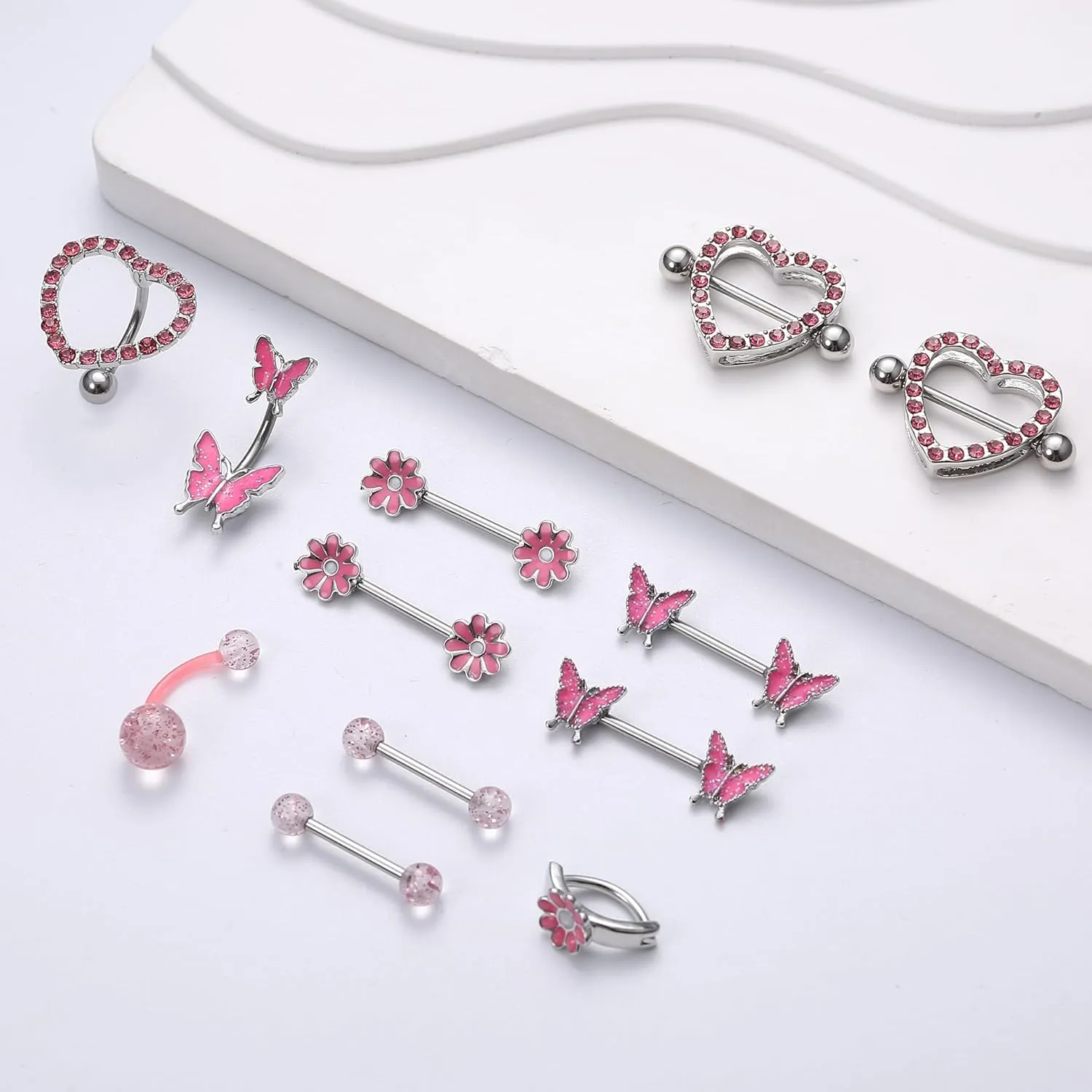 Kakonia 12 Pcs 14G Nipple Piercing Jewelry - Surgical Steel Nipple Rings Belly Rings for Women,Dainty Butterfly Belly Button Ring Heart Nipple Piercing Jewelry Set Cute Flower CZ Nipple Ring Barbells Body Piercing Jewelry