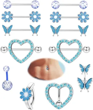 Kakonia 12 Pcs 14G Nipple Piercing Jewelry - Surgical Steel Nipple Rings Belly Rings for Women,Dainty Butterfly Belly Button Ring Heart Nipple Piercing Jewelry Set Cute Flower CZ Nipple Ring Barbells Body Piercing Jewelry