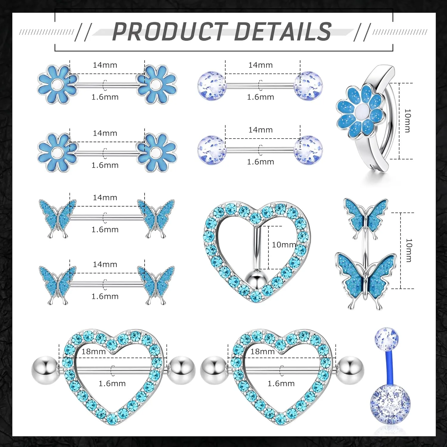 Kakonia 12 Pcs 14G Nipple Piercing Jewelry - Surgical Steel Nipple Rings Belly Rings for Women,Dainty Butterfly Belly Button Ring Heart Nipple Piercing Jewelry Set Cute Flower CZ Nipple Ring Barbells Body Piercing Jewelry