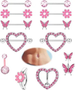 Kakonia 12 Pcs 14G Nipple Piercing Jewelry - Surgical Steel Nipple Rings Belly Rings for Women,Dainty Butterfly Belly Button Ring Heart Nipple Piercing Jewelry Set Cute Flower CZ Nipple Ring Barbells Body Piercing Jewelry