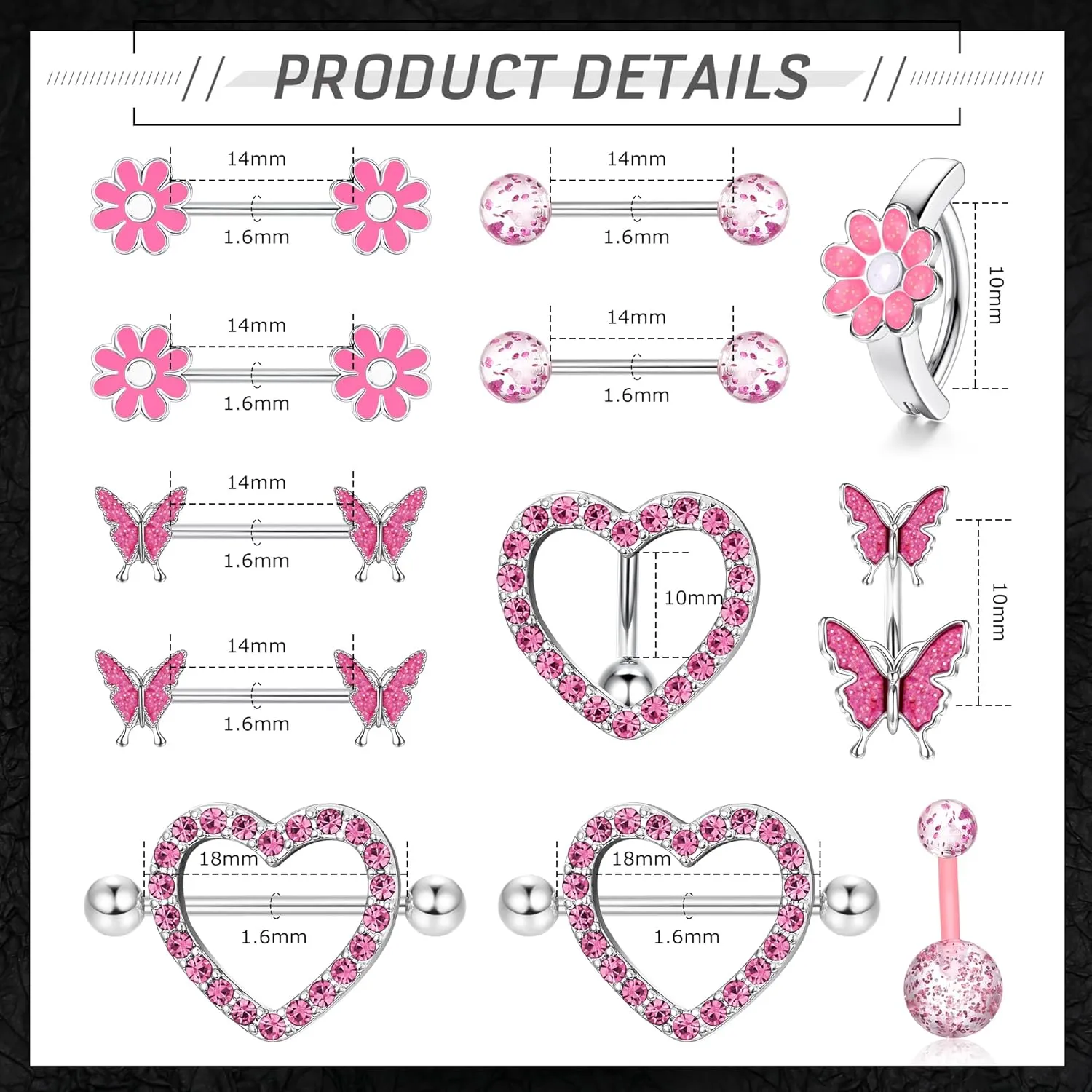 Kakonia 12 Pcs 14G Nipple Piercing Jewelry - Surgical Steel Nipple Rings Belly Rings for Women,Dainty Butterfly Belly Button Ring Heart Nipple Piercing Jewelry Set Cute Flower CZ Nipple Ring Barbells Body Piercing Jewelry