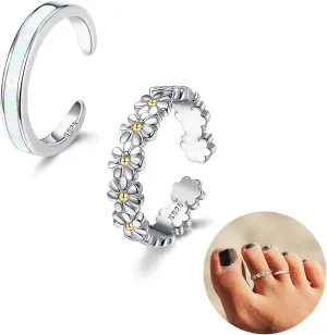 Kakonia Sterling Silver Toe Rings, Adjustable Daisy Flower CZ Cross Opal Twist Knot Beach Band Nail Rings, Open Women's Foot Jewelry for Summer