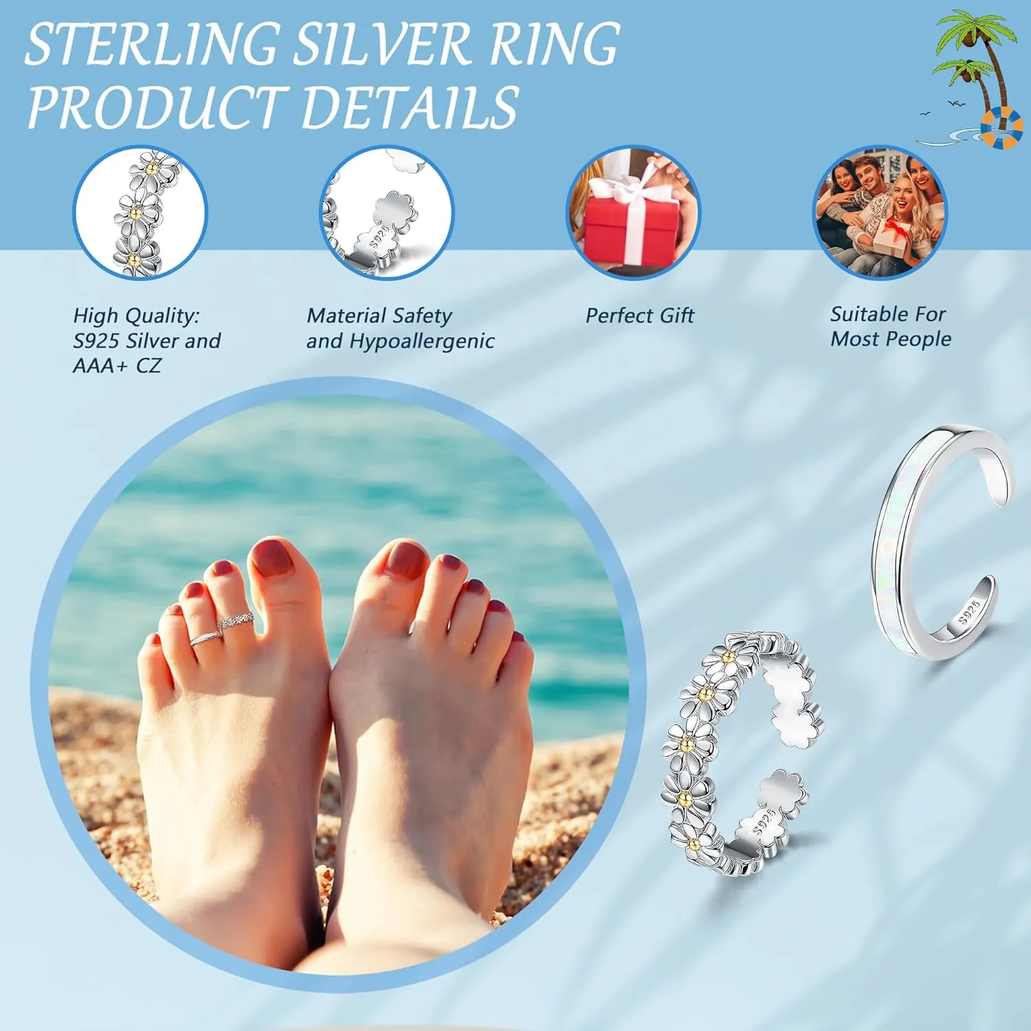 Kakonia Sterling Silver Toe Rings, Adjustable Daisy Flower CZ Cross Opal Twist Knot Beach Band Nail Rings, Open Women's Foot Jewelry for Summer