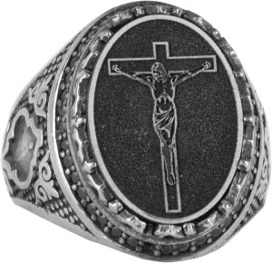 KAMBO Sterling Silver Men's Ring with Crucifix Design - Symbol of Faith and Devotion - Handmade Religious Jewelry