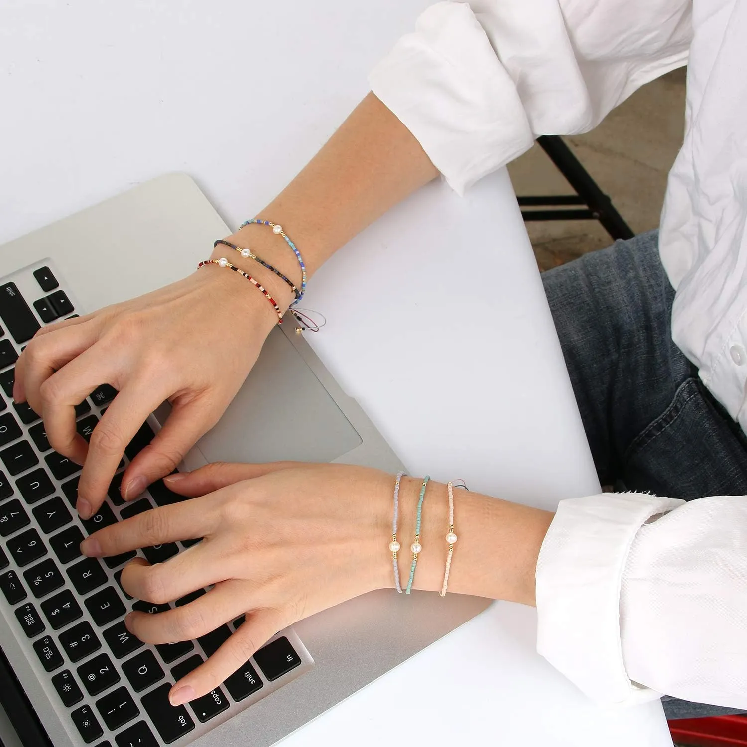 KELITCH 2 Pcs Pearls Bracelets Boho Beaded Thin Strand Bracelets Stack Bracelets set For Women