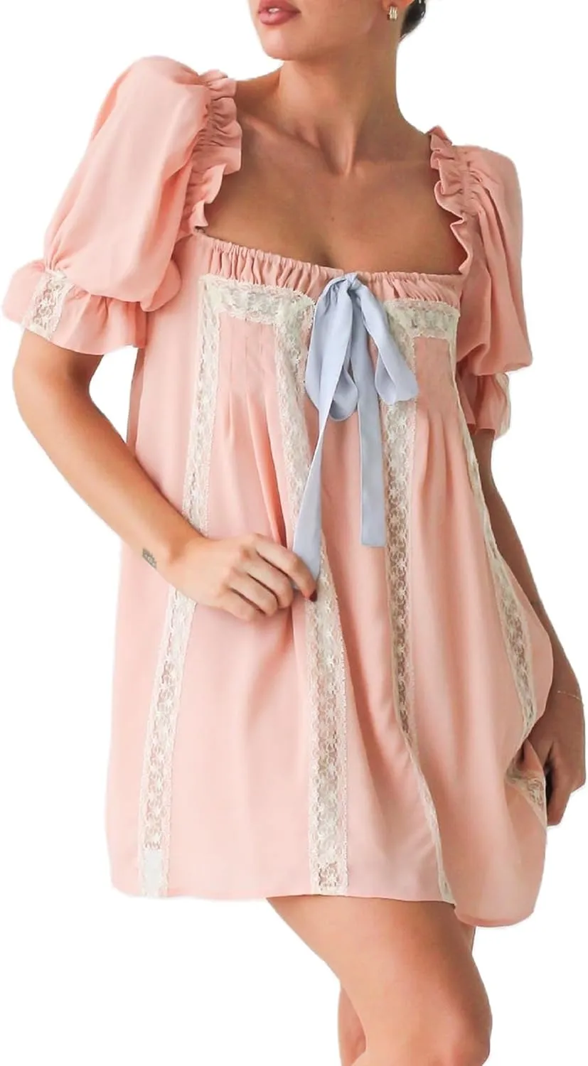 KMBANGI Women Cute Babydoll Dress Short Puff Sleeve Bow Tie Fairy Mini Dress Ruffle Boho Floral Short Slip Sundress