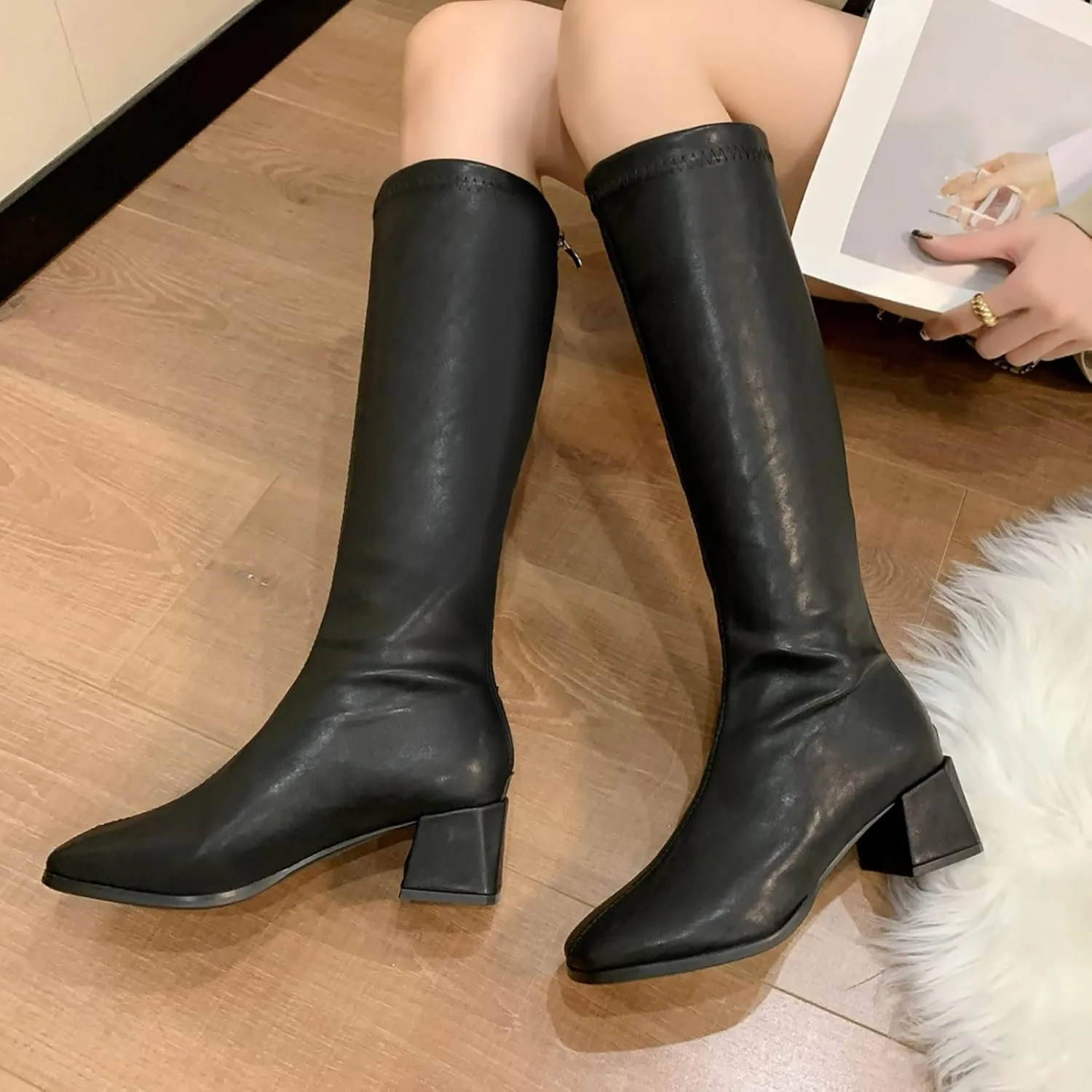 Knee High Boots Women Low Heel Fashion Round Toe Leather Thick Sole Square Heel Zipper Solid Color Mid Calf Boots