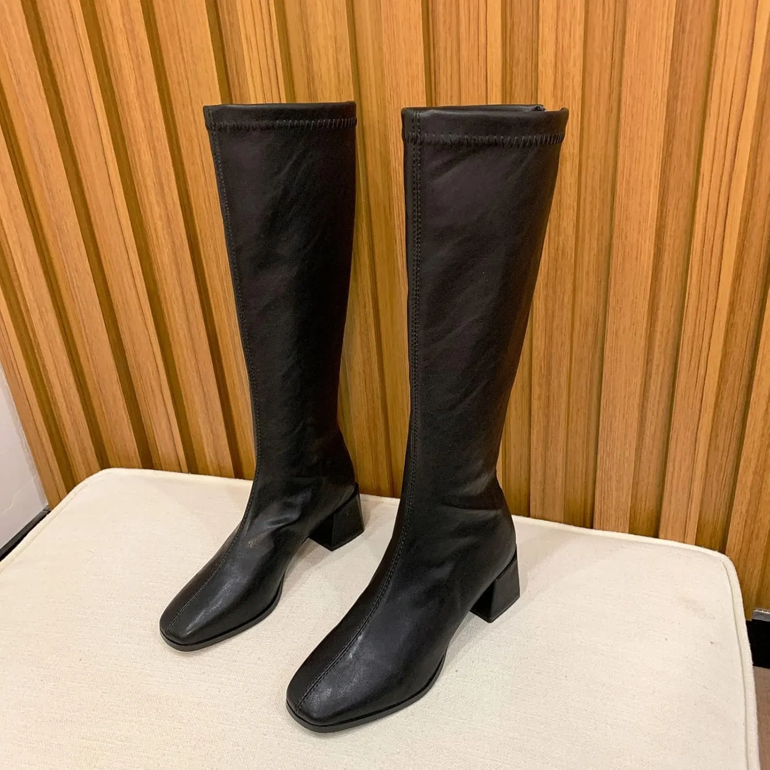 Knee High Boots Women Low Heel Fashion Round Toe Leather Thick Sole Square Heel Zipper Solid Color Mid Calf Boots