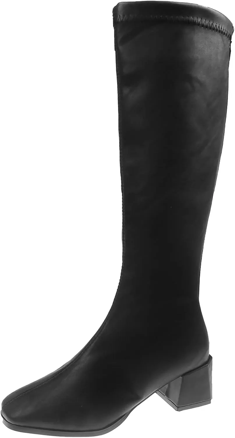 Knee High Boots Women Low Heel Fashion Round Toe Leather Thick Sole Square Heel Zipper Solid Color Mid Calf Boots