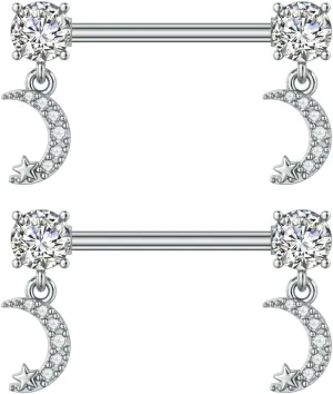 Kokoma 14G Dangle Charm Nipple Rings for Women Rhinestone Cubic Zirconia Dangling Star Moon Nipplerings Straight Bar Cross Drop Nipple Shield Barbell Ring Fashion Body Piercing Jewelry
