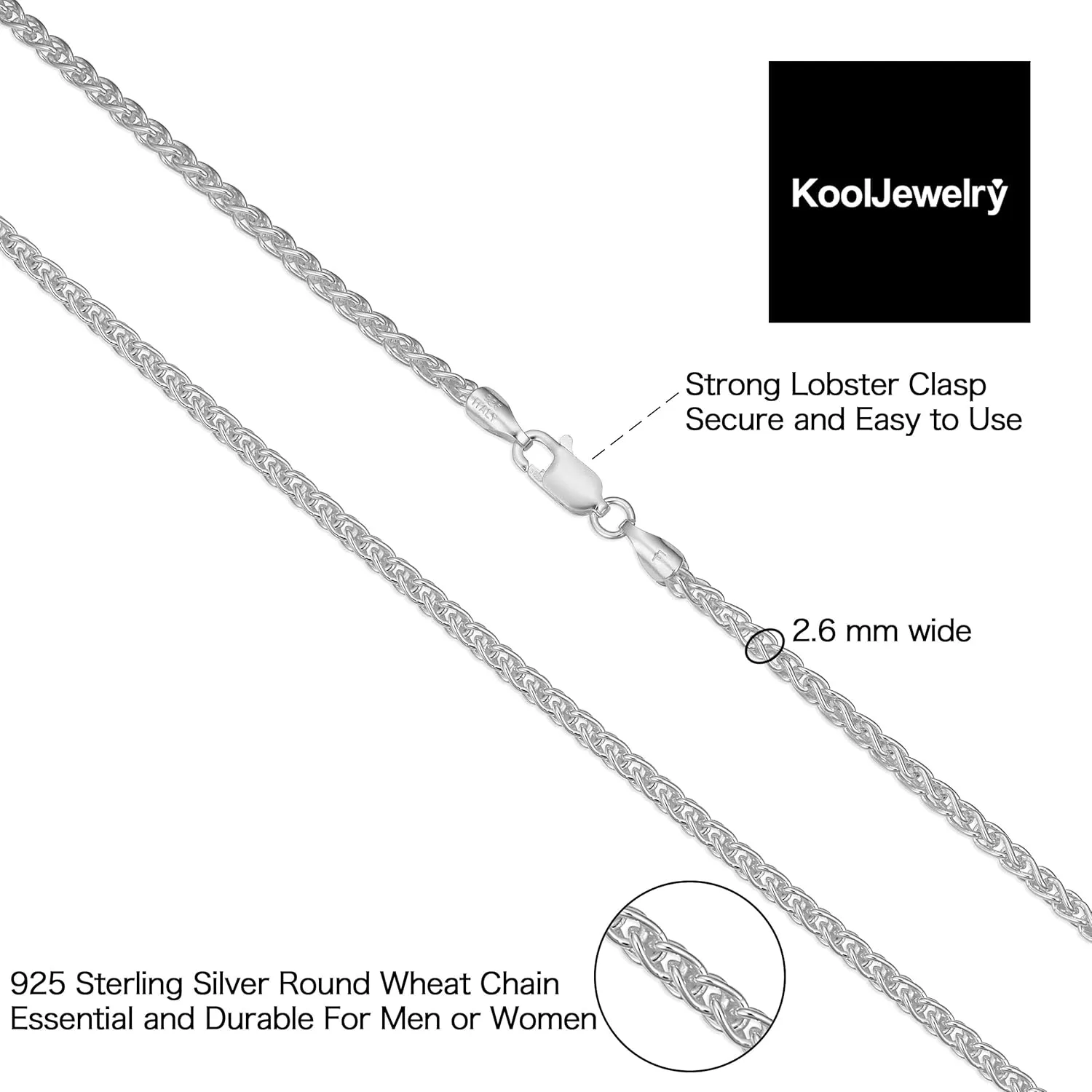 Kooljewelry Sterling Silver Round Wheat Chain Bracelet (1.1 mm, 1.5 mm, 2 mm or 2.6 mm)