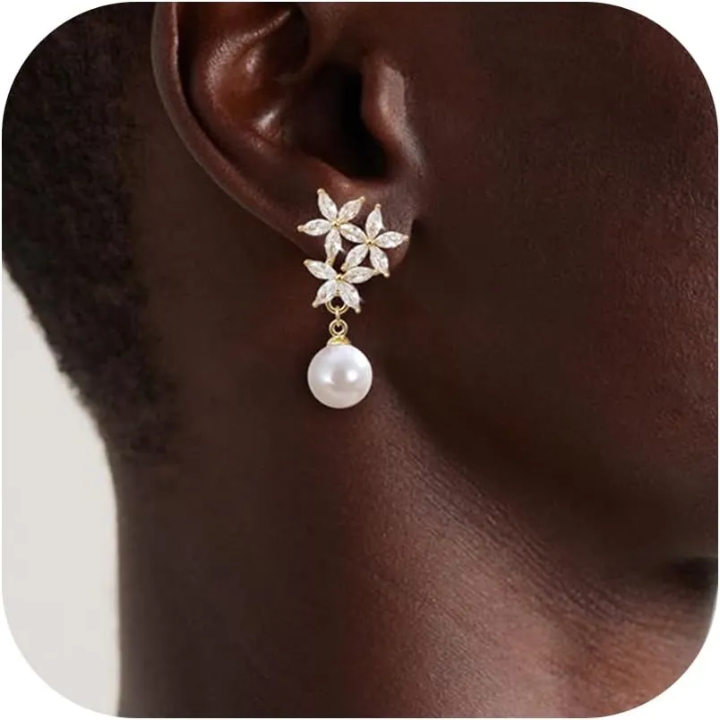 KRFY 1 Pairs Pearl Drop Earrings 925 Sterling Silver Post 16K Gold Plated Stud Earrings for Women Trendy Dangle CZ Pearl Jewelry