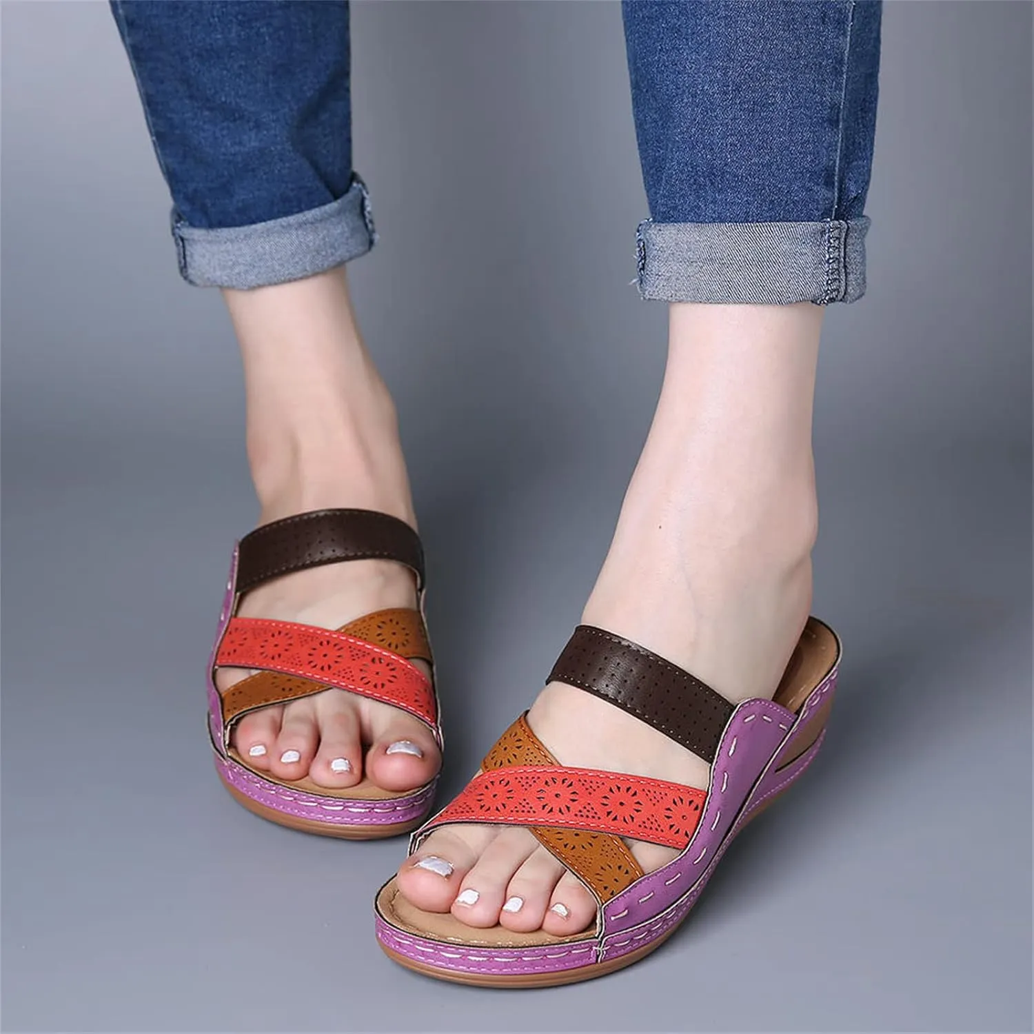 Ladmiple Fashion Sandals Women Dressy Summer Flat Orthotic Slides Comfortable Walking Orthopedic Flip Flops with Arch Support