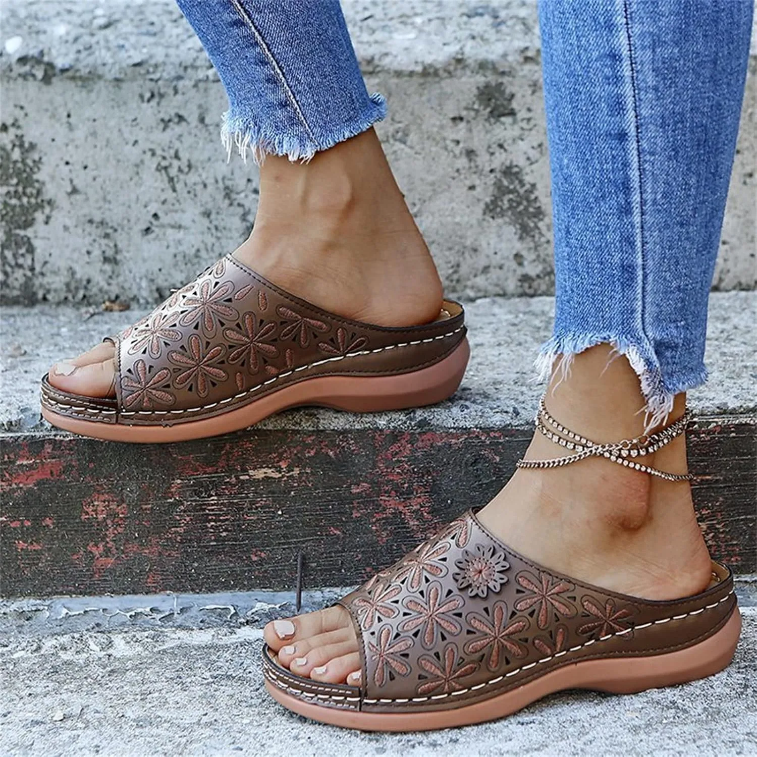 Ladmiple Sandals Women Fashion Floral Orthopedic Flip Flops Sandal with Arch Support Slipper Beach Travel Open Toe Shoes