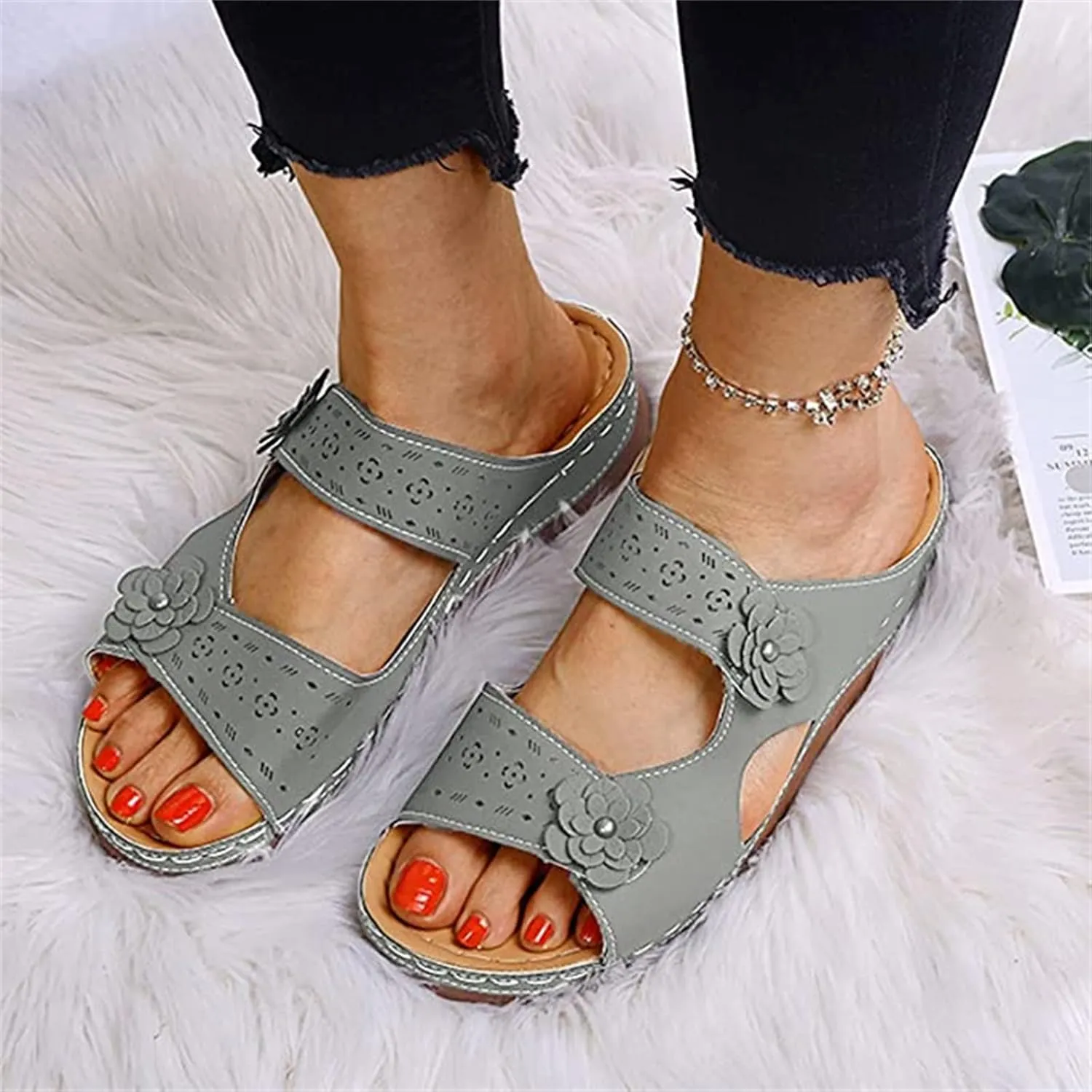 Ladmiple Womens Sandals Dressy Flat Comfortable Arch Support Orthopedic Slides Orthotic Flip Flops for Plantar Fasciitis