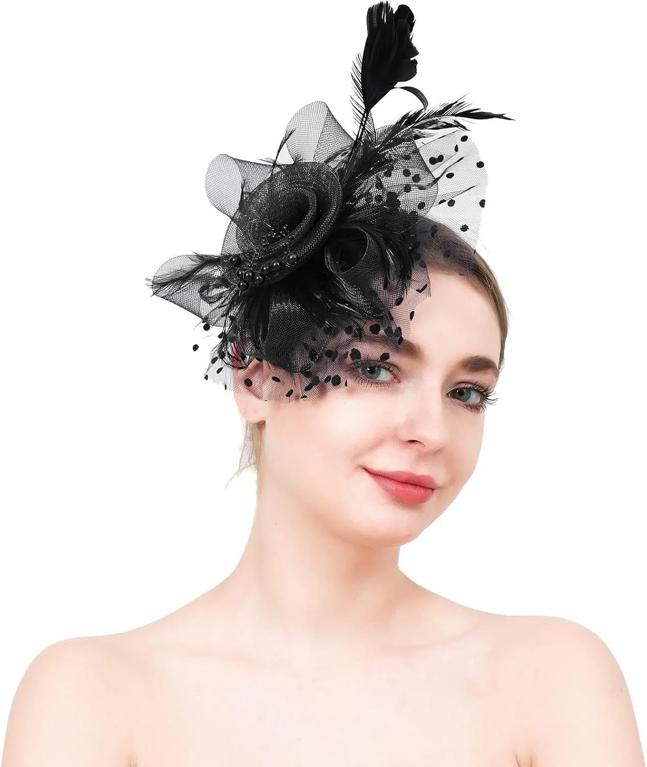 Lady Flower Fascinators Hats with Headband and Clips Tea Party Hat Headband Hair Clip for Wedding (Black, One Size)