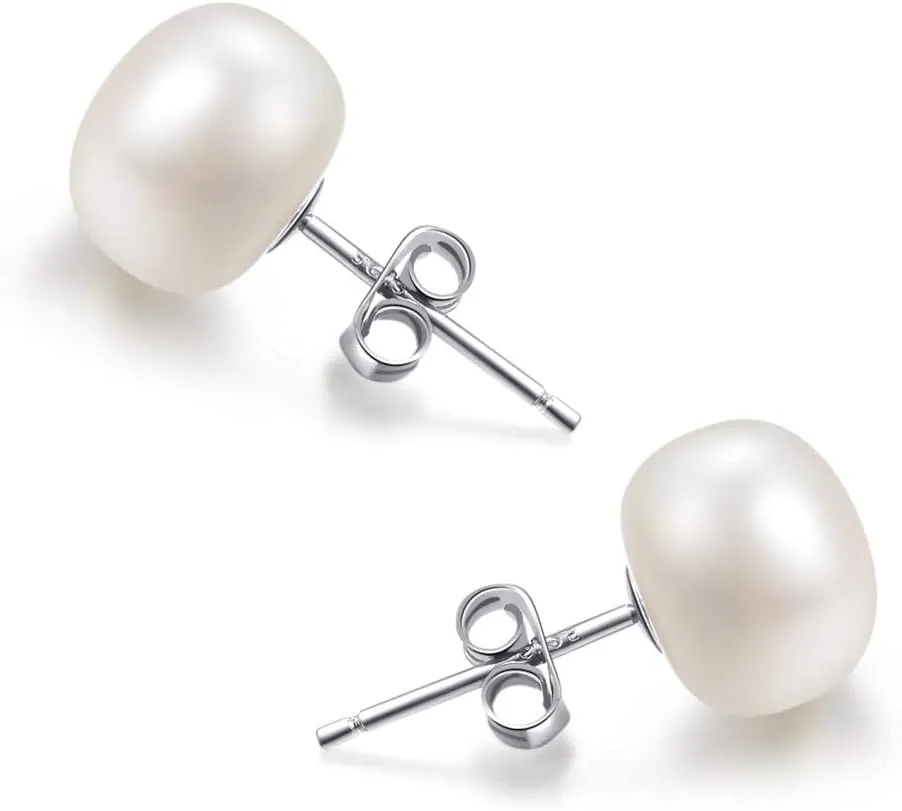 Lantine Pearl Stud Earrings-925 Sterling Silver Genuines Freshwater Cultured Pearl Earrings Studs For Women Size Choose