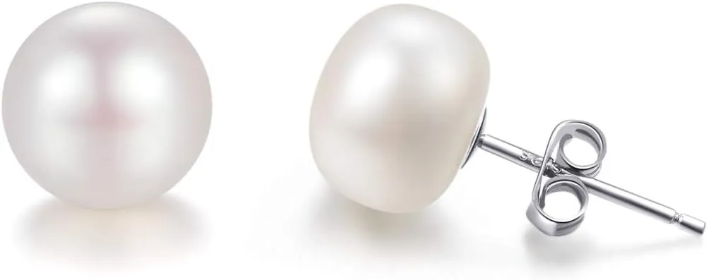 Lantine Pearl Stud Earrings-925 Sterling Silver Genuines Freshwater Cultured Pearl Earrings Studs For Women Size Choose