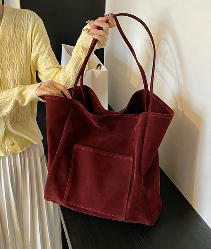 Large Suede Tote Bag for Women Retro Slouchy Shoulder Bag Brown Suede Purse Satchel Bag Work College Handbag Winter