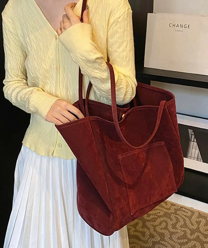Large Suede Tote Bag for Women Retro Slouchy Shoulder Bag Brown Suede Purse Satchel Bag Work College Handbag Winter