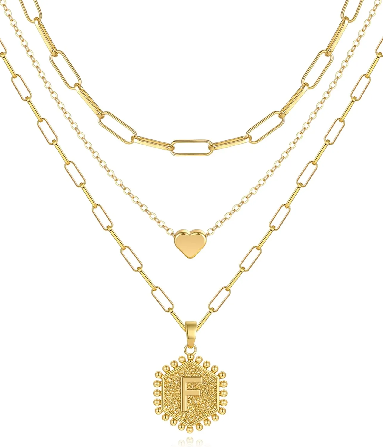 Layered Initial Necklaces for Women,Dainty 14K Gold Plated Paperclip Chain Capital Letter Heart Pendant Stacked Necklace for Women Girls