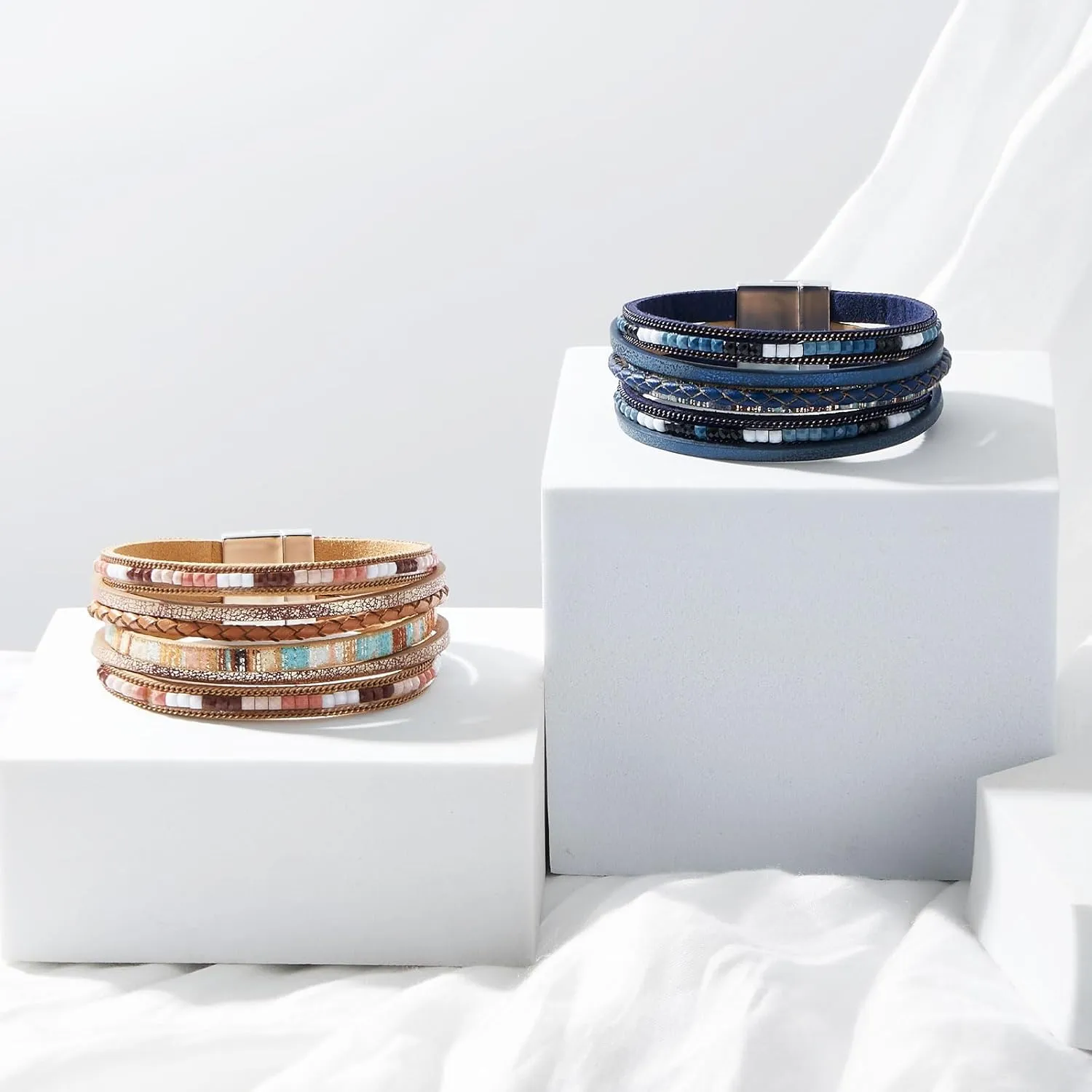 Leather Bracelets for Women Trendy Boho Cuff Bracelet Layered Bangle with Clasp Hand Wrist Jewelry Western