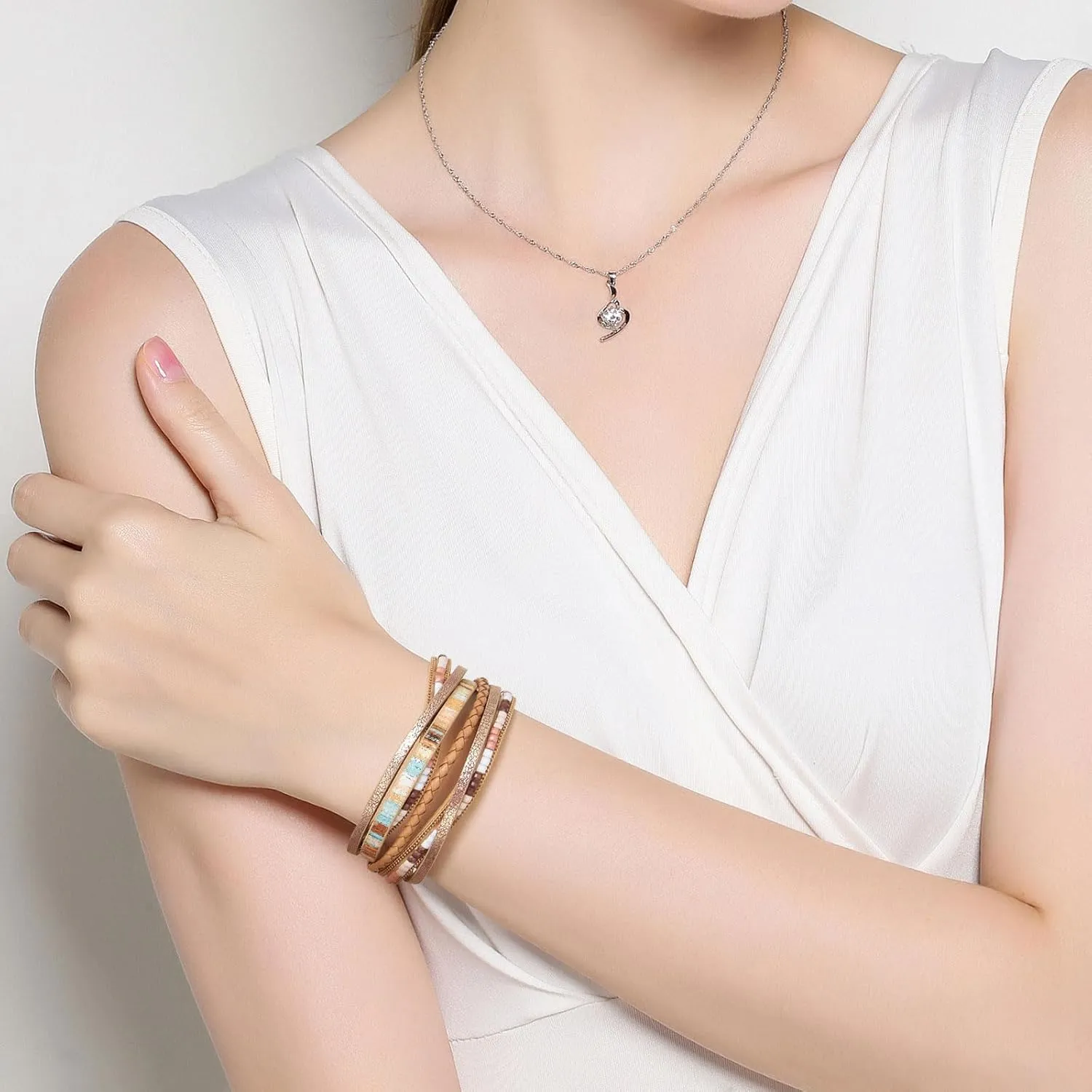 Leather Bracelets for Women Trendy Boho Cuff Bracelet Layered Bangle with Clasp Hand Wrist Jewelry Western