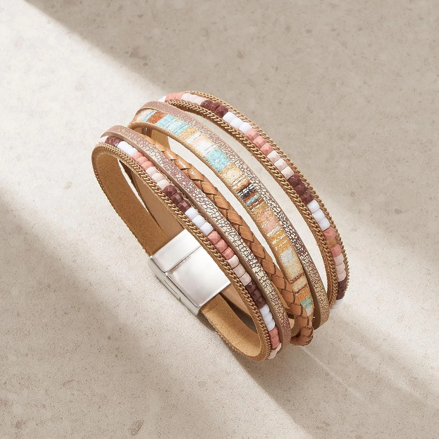Leather Bracelets for Women Trendy Boho Cuff Bracelet Layered Bangle with Clasp Hand Wrist Jewelry Western