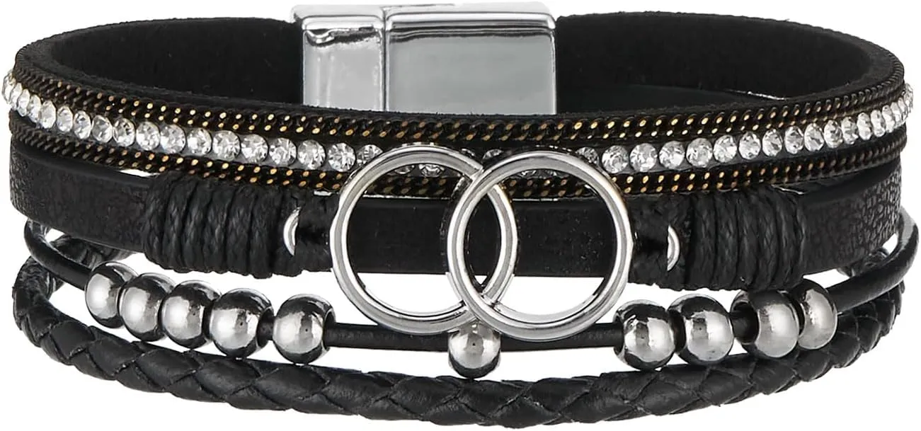 Leather Bracelets for Women Trendy Boho Cuff Bracelet Layered Bangle with Clasp Hand Wrist Jewelry Western