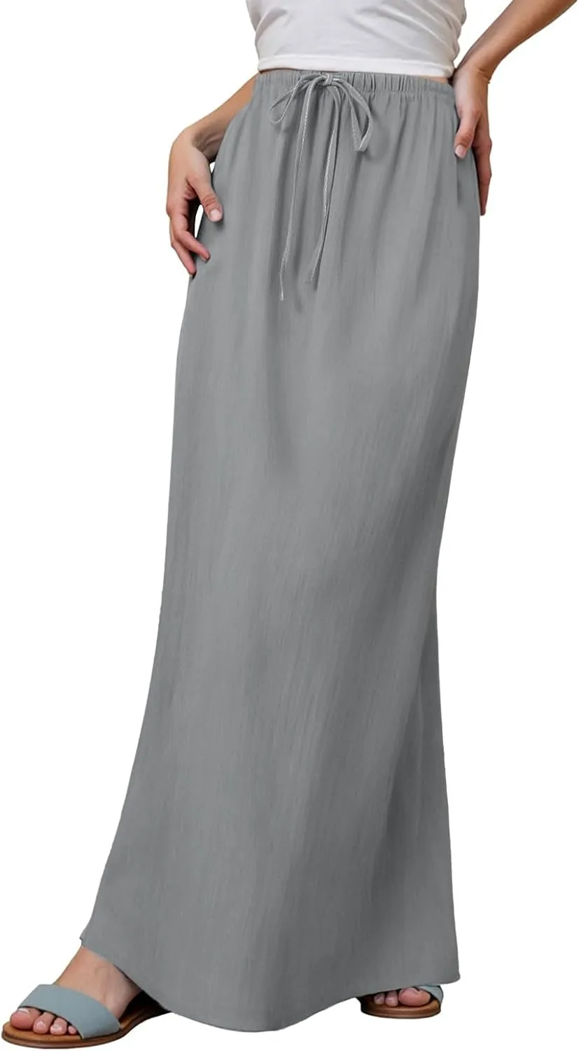 Linen Maxi Skirts for Women Trendy Flowy Boho Summer Skirt a Line Drawstring Long Skirt Vacation Bohomian Dress 2025